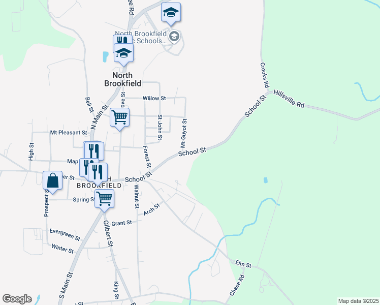 map of restaurants, bars, coffee shops, grocery stores, and more near 123 School Street in North Brookfield