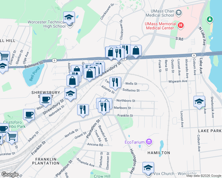 map of restaurants, bars, coffee shops, grocery stores, and more near 9 Atlanta Street in Worcester