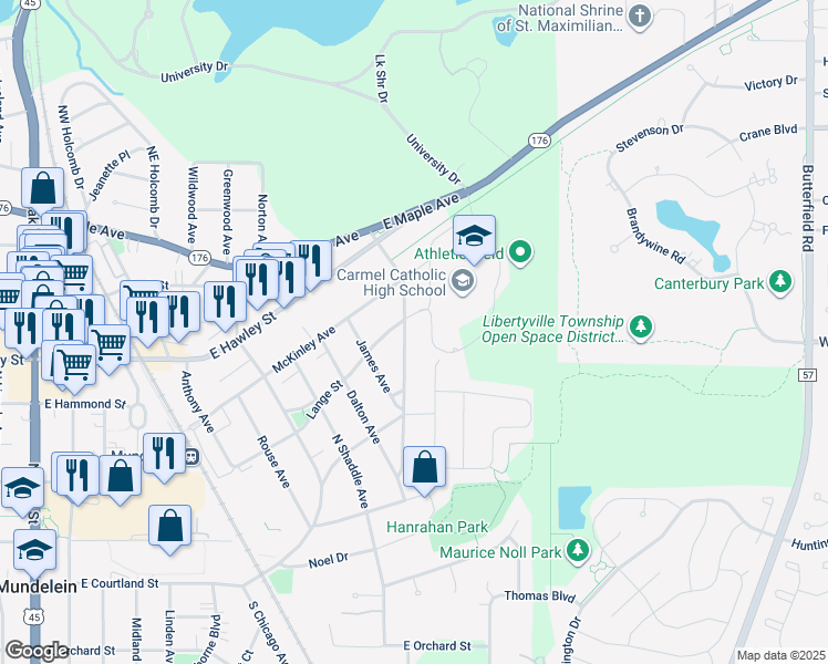 map of restaurants, bars, coffee shops, grocery stores, and more near 410 Brice Avenue in Mundelein