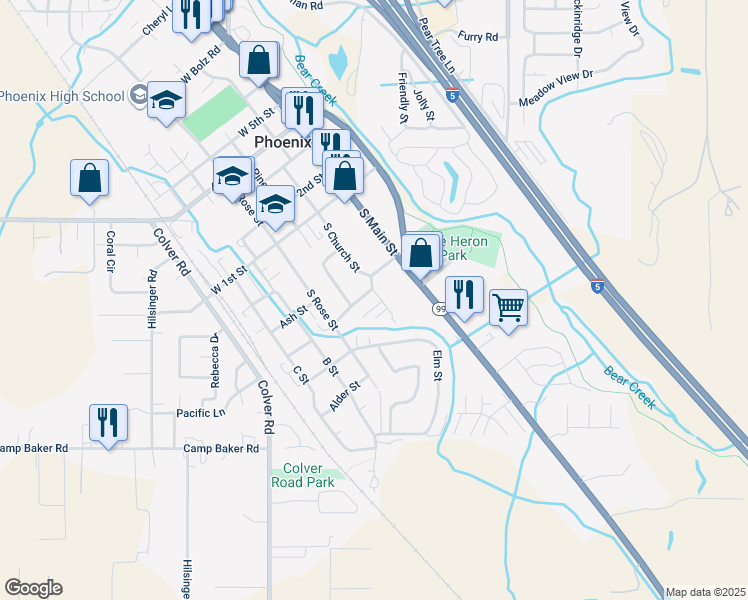 map of restaurants, bars, coffee shops, grocery stores, and more near 182 South Church Street in Phoenix