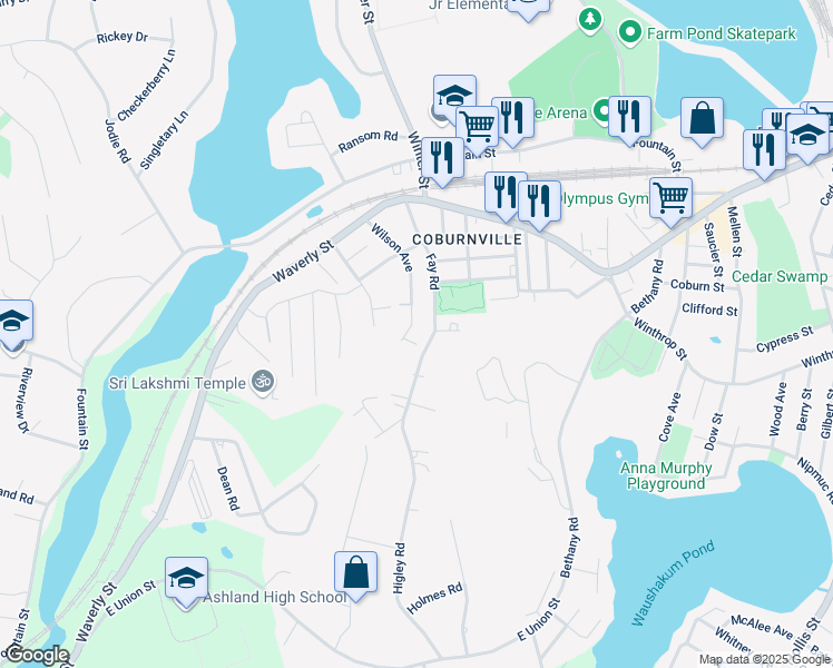 map of restaurants, bars, coffee shops, grocery stores, and more near 105 Wilson Avenue in Framingham