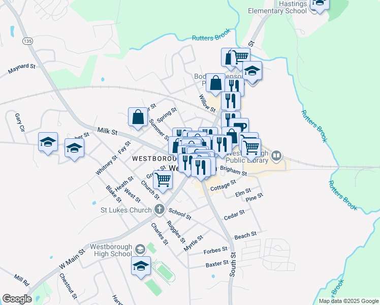 map of restaurants, bars, coffee shops, grocery stores, and more near in Westborough