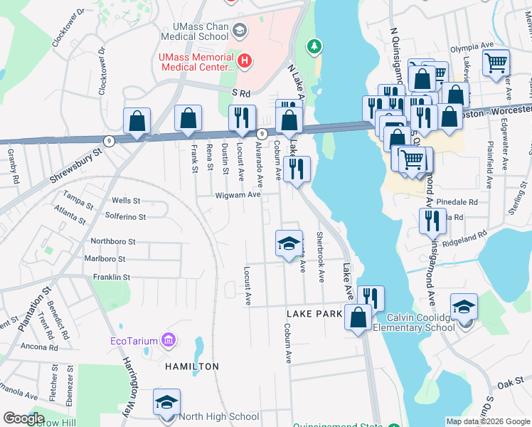 map of restaurants, bars, coffee shops, grocery stores, and more near 92 Coburn Avenue in Worcester