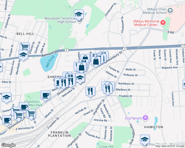map of restaurants, bars, coffee shops, grocery stores, and more near 359 Shrewsbury Street in Worcester