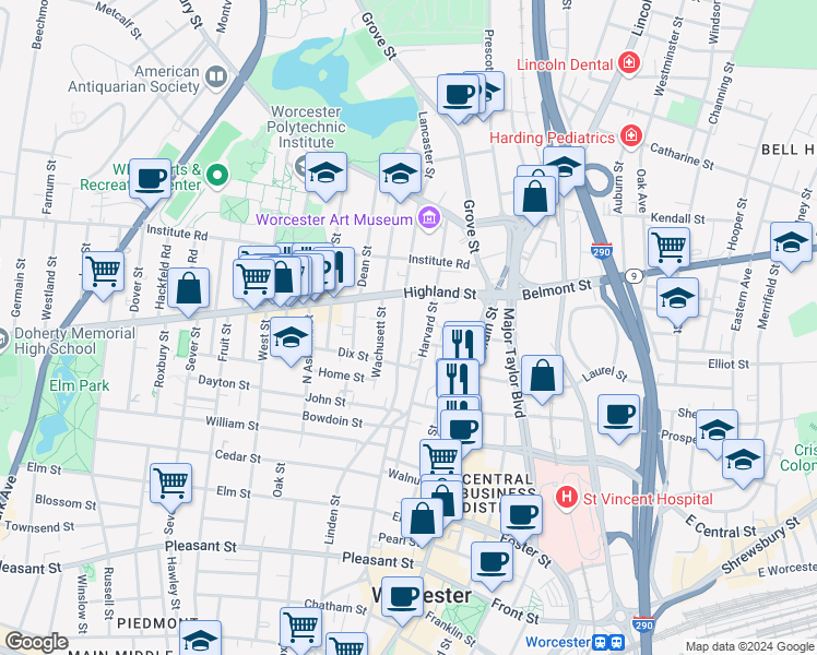 map of restaurants, bars, coffee shops, grocery stores, and more near 11 Lancaster Street in Worcester