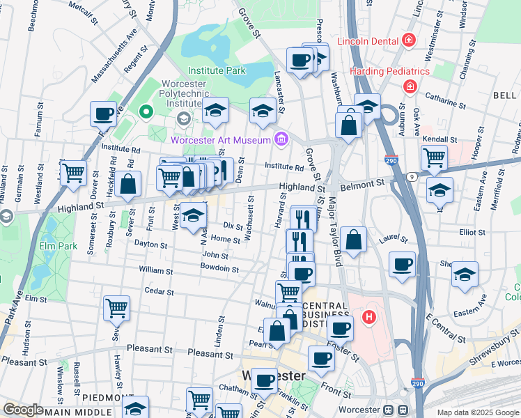 map of restaurants, bars, coffee shops, grocery stores, and more near 11 Lancaster Street in Worcester