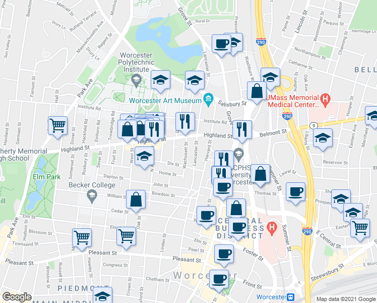 map of restaurants, bars, coffee shops, grocery stores, and more near 11 Lancaster Street in Worcester