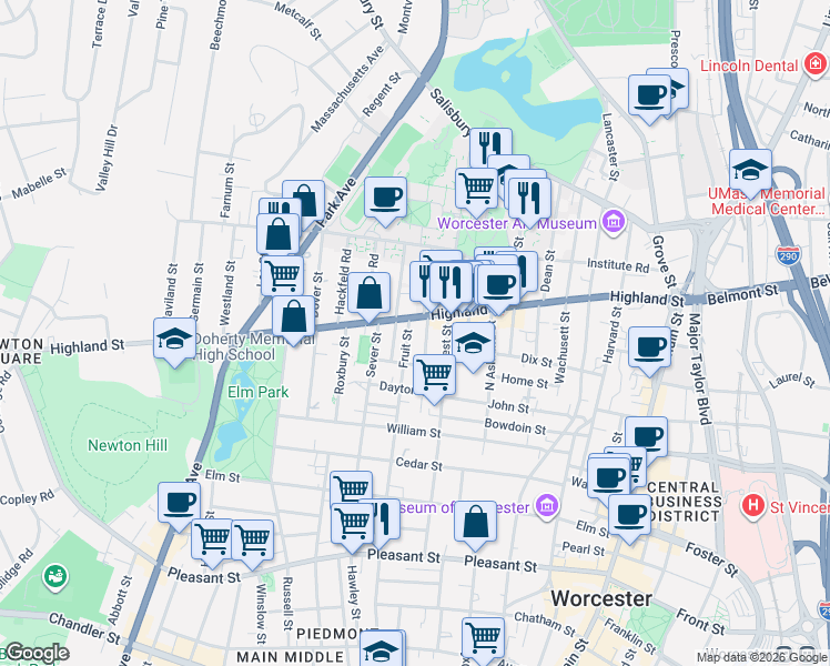 map of restaurants, bars, coffee shops, grocery stores, and more near 5 Berkshire Street in Worcester