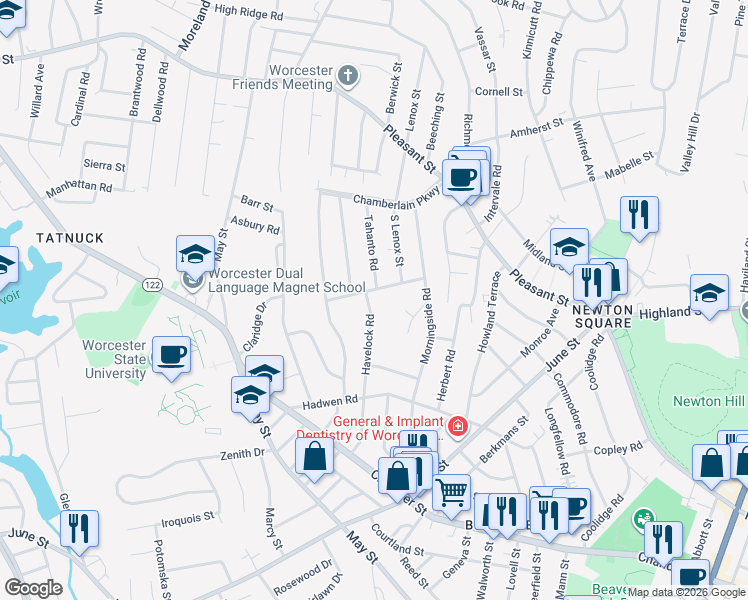 map of restaurants, bars, coffee shops, grocery stores, and more near 58 Havelock Road in Worcester