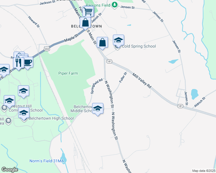 map of restaurants, bars, coffee shops, grocery stores, and more near 24 North Washington Street in Belchertown