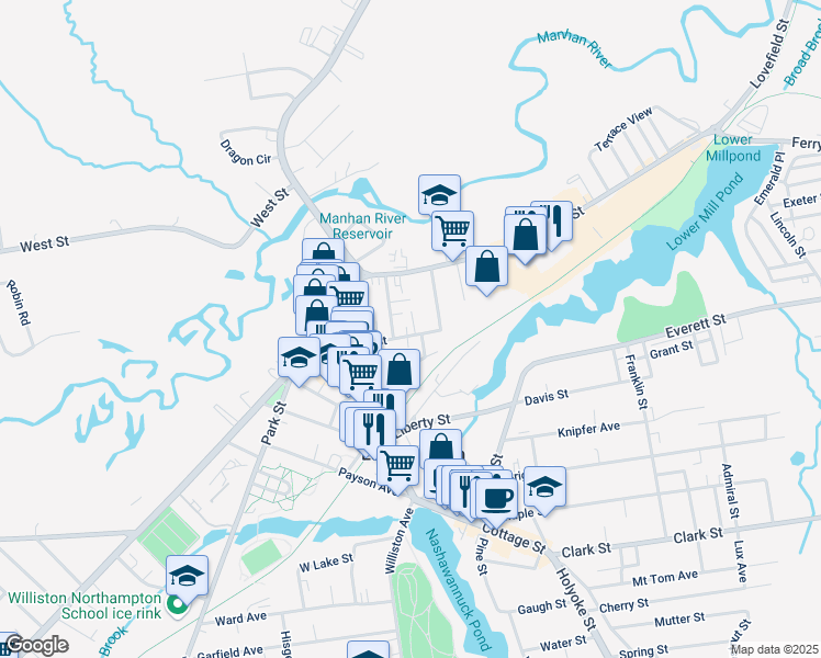 map of restaurants, bars, coffee shops, grocery stores, and more near 24 High Street in Easthampton