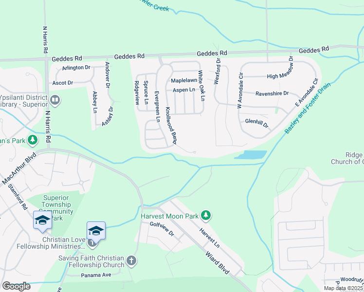 map of restaurants, bars, coffee shops, grocery stores, and more near 9800 Edgewood Court in Ypsilanti