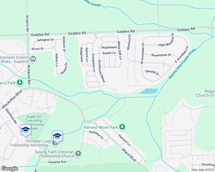 map of restaurants, bars, coffee shops, grocery stores, and more near 9800 Edgewood Court in Ypsilanti