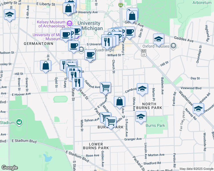 map of restaurants, bars, coffee shops, grocery stores, and more near 1036 Oakland Avenue in Ann Arbor