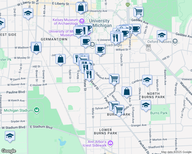 map of restaurants, bars, coffee shops, grocery stores, and more near 741 Packard Street in Ann Arbor