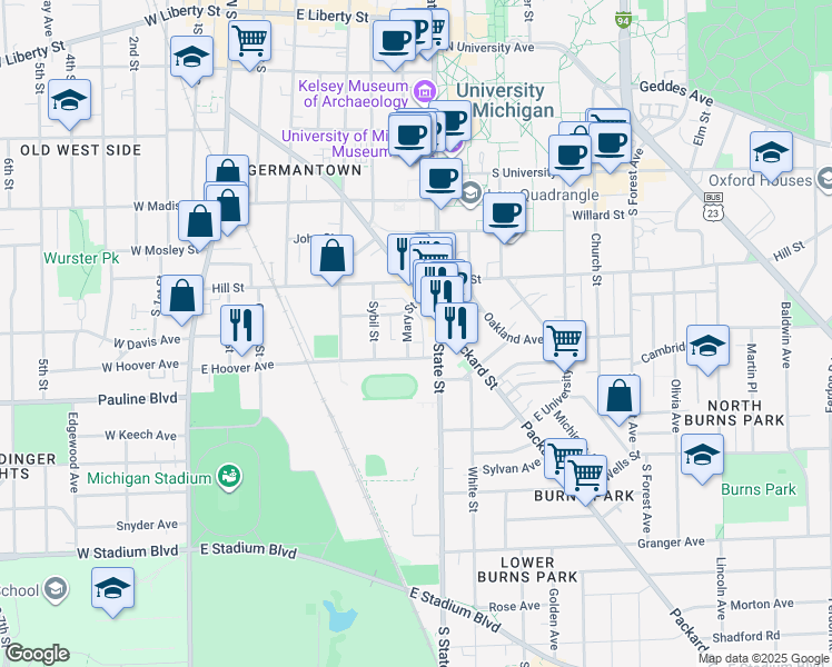 map of restaurants, bars, coffee shops, grocery stores, and more near 932 Mary Street in Ann Arbor