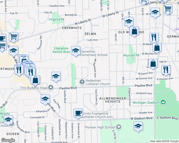 map of restaurants, bars, coffee shops, grocery stores, and more near 854 Mount Pleasant Avenue in Ann Arbor