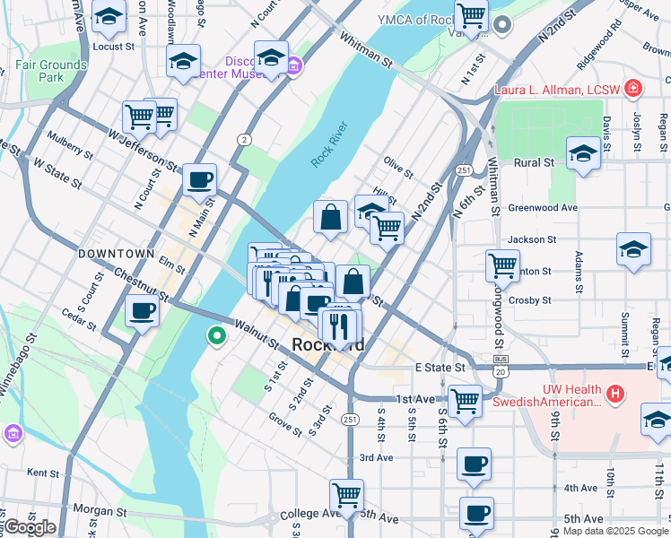 map of restaurants, bars, coffee shops, grocery stores, and more near 200 North 1st Street in Rockford