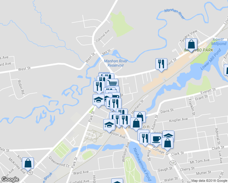 map of restaurants, bars, coffee shops, grocery stores, and more near 11 Union Street in Easthampton