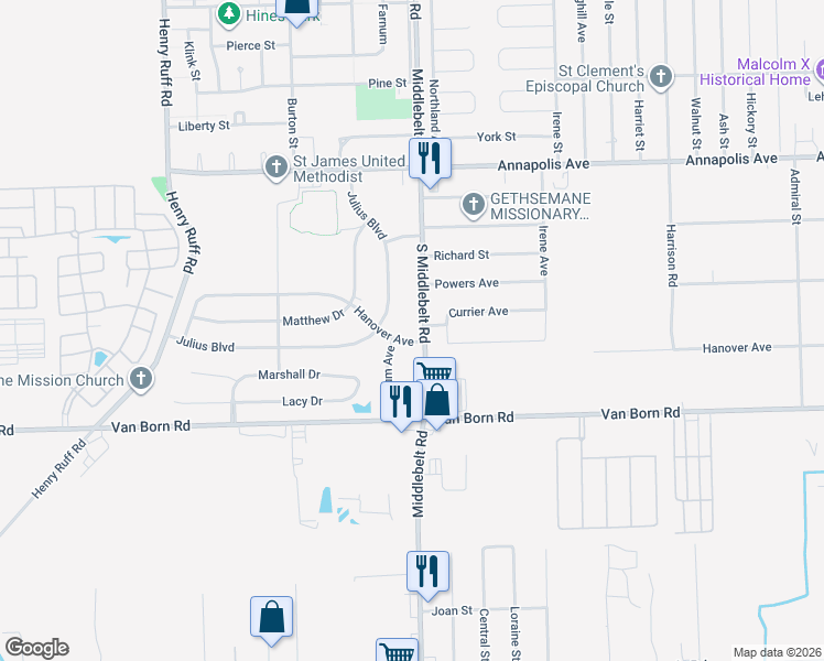 map of restaurants, bars, coffee shops, grocery stores, and more near 29441 Hanover Boulevard in Westland