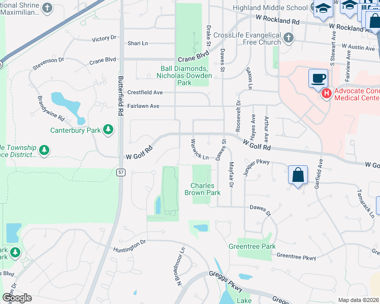 map of restaurants, bars, coffee shops, grocery stores, and more near 923 Warwick Lane in Libertyville