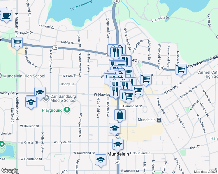 map of restaurants, bars, coffee shops, grocery stores, and more near 226 Chandler Drive in Mundelein