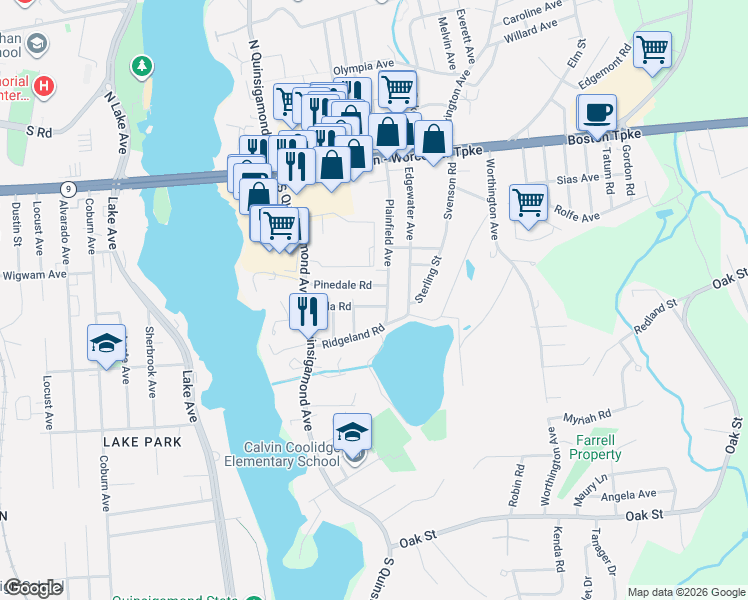 map of restaurants, bars, coffee shops, grocery stores, and more near 32 Villa Road in Shrewsbury