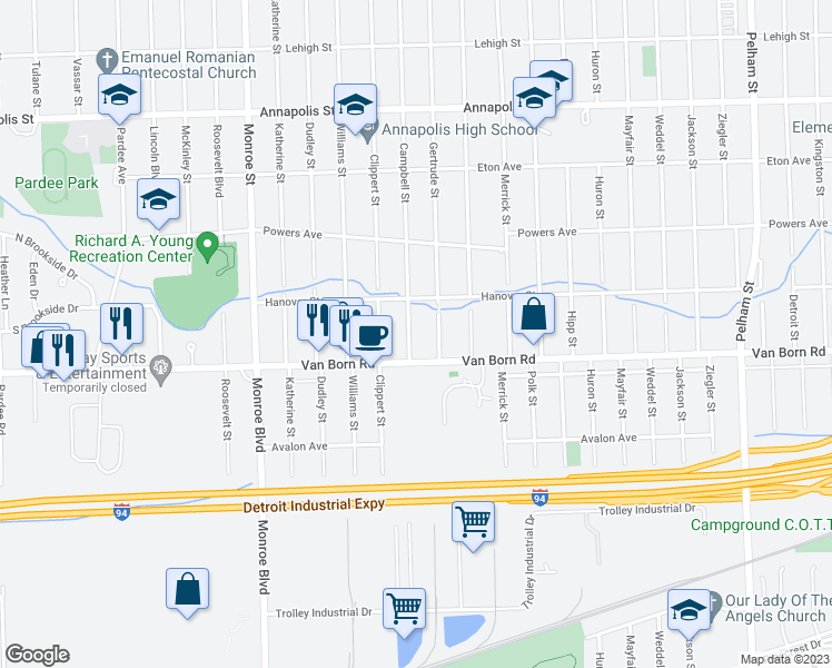 map of restaurants, bars, coffee shops, grocery stores, and more near 5687 Campbell Street in Dearborn Heights