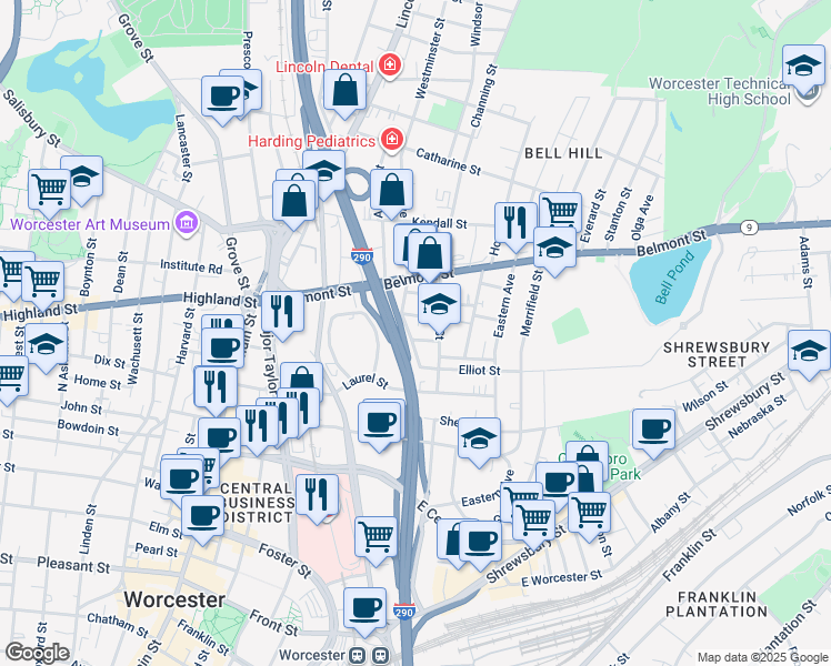 map of restaurants, bars, coffee shops, grocery stores, and more near 25 Glen Street in Worcester