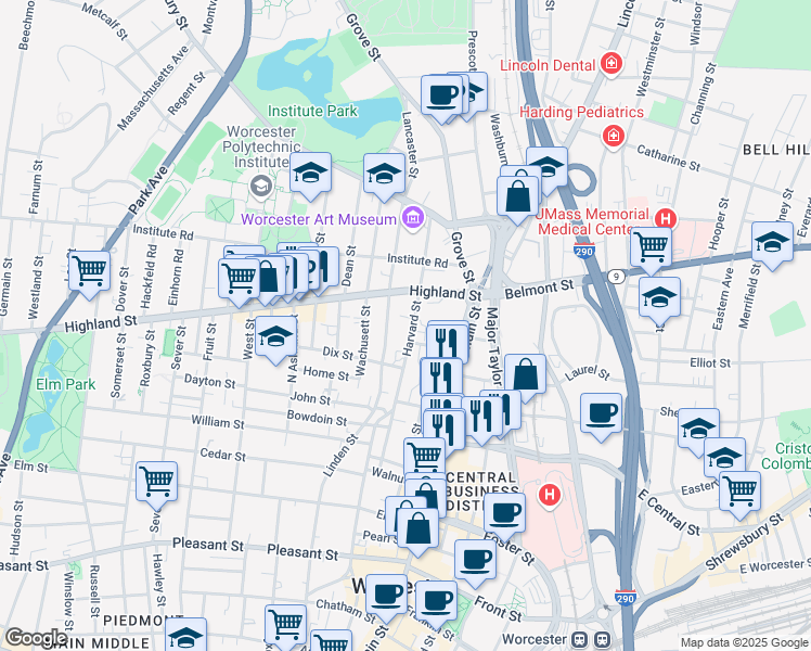 map of restaurants, bars, coffee shops, grocery stores, and more near 37 Harvard Street in Worcester