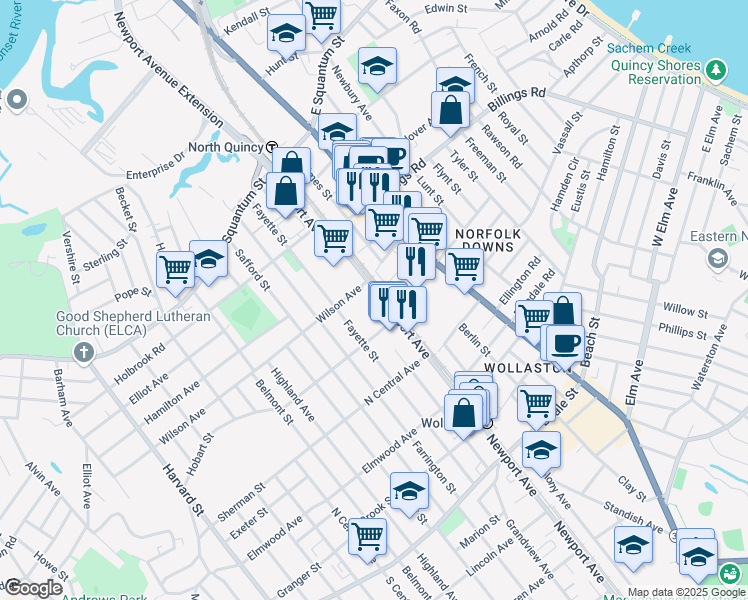 map of restaurants, bars, coffee shops, grocery stores, and more near 135-141 Newport Avenue in Quincy
