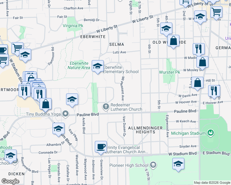 map of restaurants, bars, coffee shops, grocery stores, and more near 854 Mount Pleasant Avenue in Ann Arbor