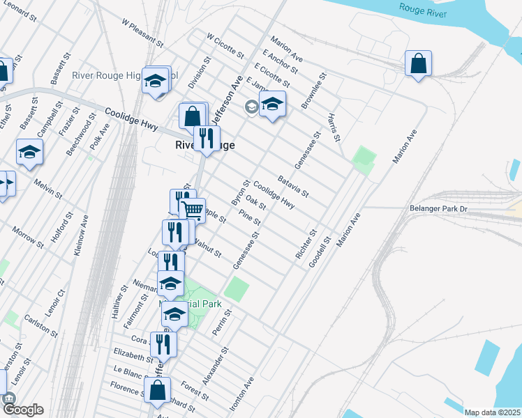 map of restaurants, bars, coffee shops, grocery stores, and more near 90 Oak Street in River Rouge