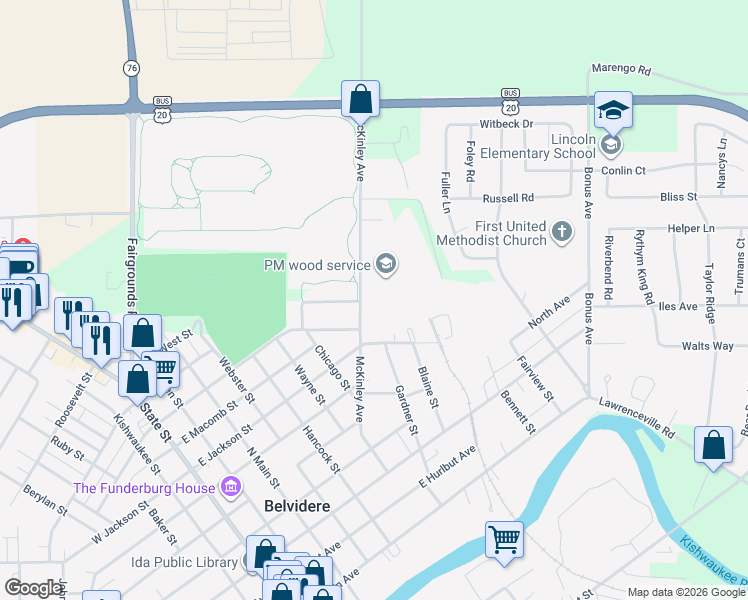 map of restaurants, bars, coffee shops, grocery stores, and more near 919 McKinley Avenue in Belvidere