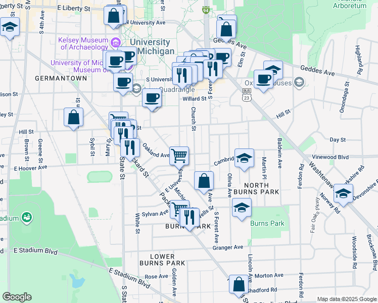 map of restaurants, bars, coffee shops, grocery stores, and more near 930 Church Street in Ann Arbor