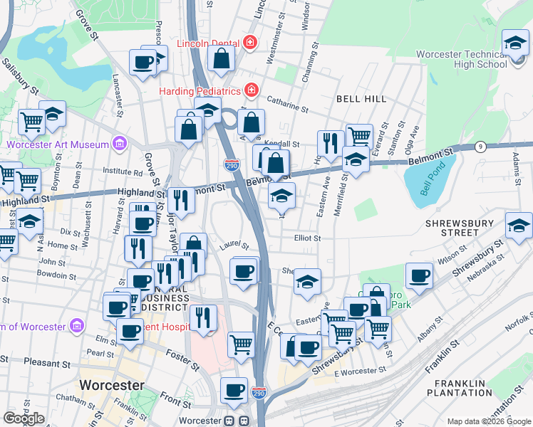map of restaurants, bars, coffee shops, grocery stores, and more near 25 Glen Street in Worcester