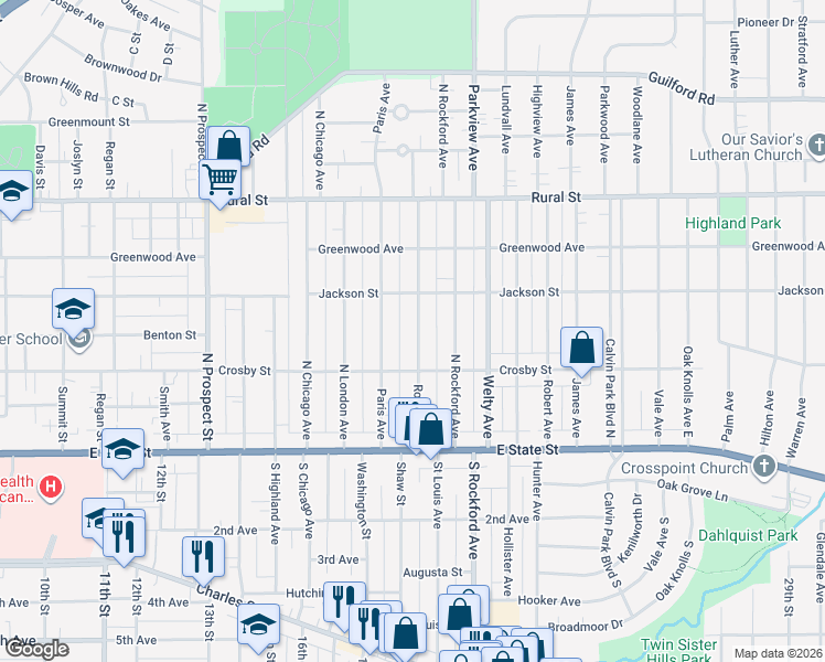 map of restaurants, bars, coffee shops, grocery stores, and more near 402 Rome Avenue in Rockford