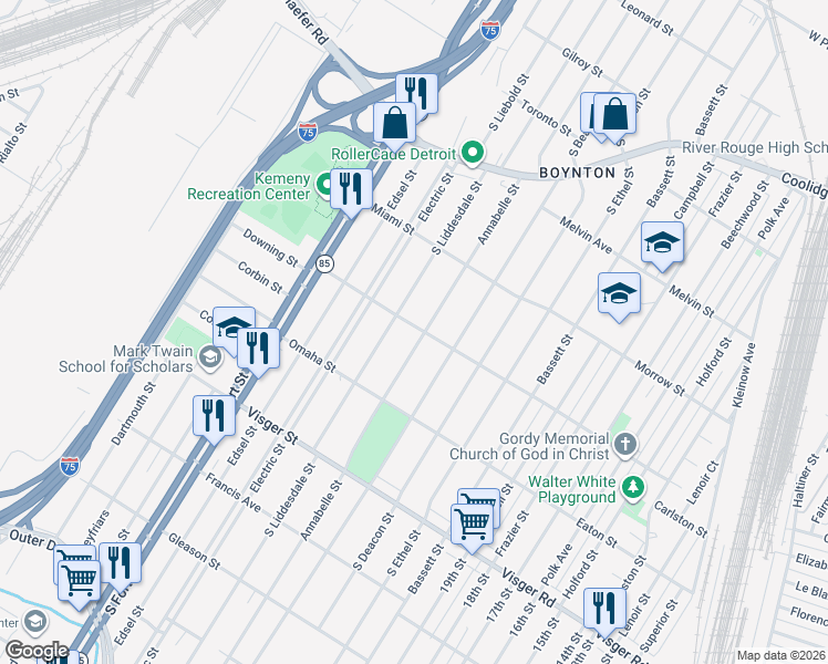 map of restaurants, bars, coffee shops, grocery stores, and more near 2457 South Liddesdale Street in Detroit