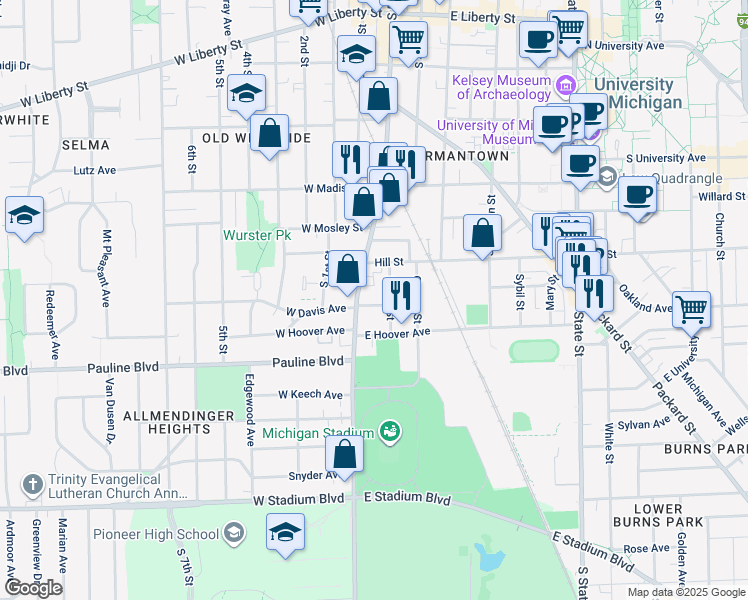 map of restaurants, bars, coffee shops, grocery stores, and more near 117 East Davis Avenue in Ann Arbor