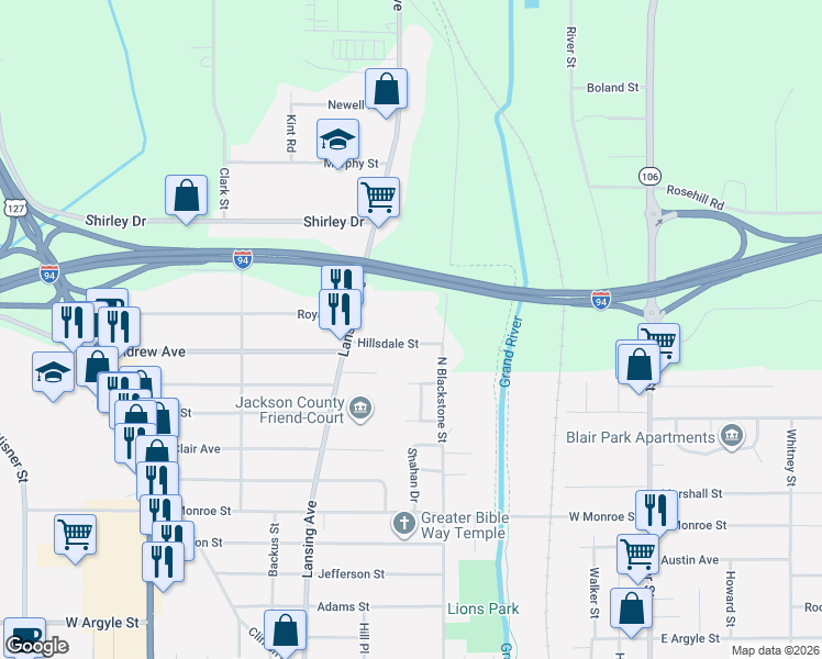 map of restaurants, bars, coffee shops, grocery stores, and more near 301 Hillsdale Street in Jackson