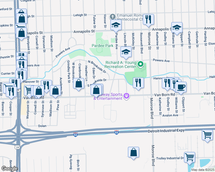 map of restaurants, bars, coffee shops, grocery stores, and more near 5670 Pardee Avenue in Dearborn Heights