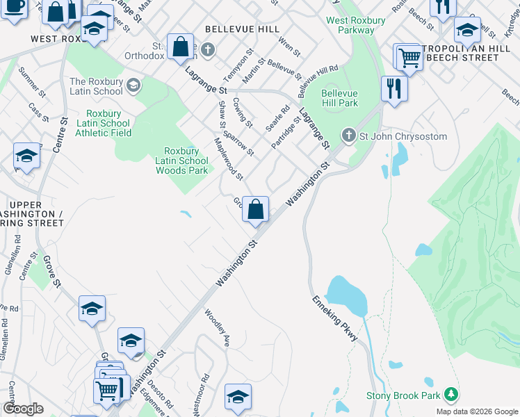 map of restaurants, bars, coffee shops, grocery stores, and more near 4891 Washington Street in Boston