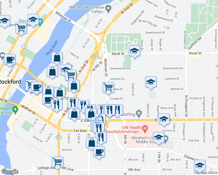 map of restaurants, bars, coffee shops, grocery stores, and more near 401 North Longwood Street in Rockford