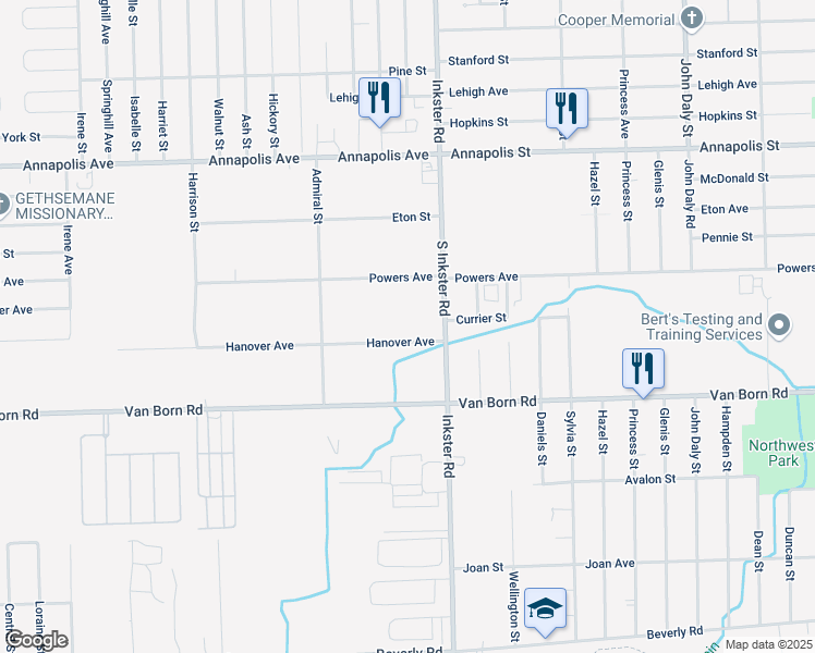 map of restaurants, bars, coffee shops, grocery stores, and more near 27474 Hanover Boulevard in Westland