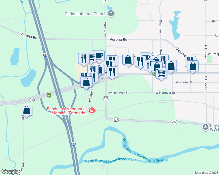 map of restaurants, bars, coffee shops, grocery stores, and more near 115 West Drive South in Marshall