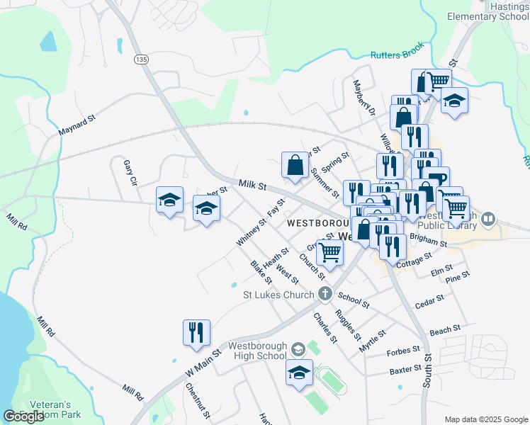 map of restaurants, bars, coffee shops, grocery stores, and more near 39 Church Street in Westborough