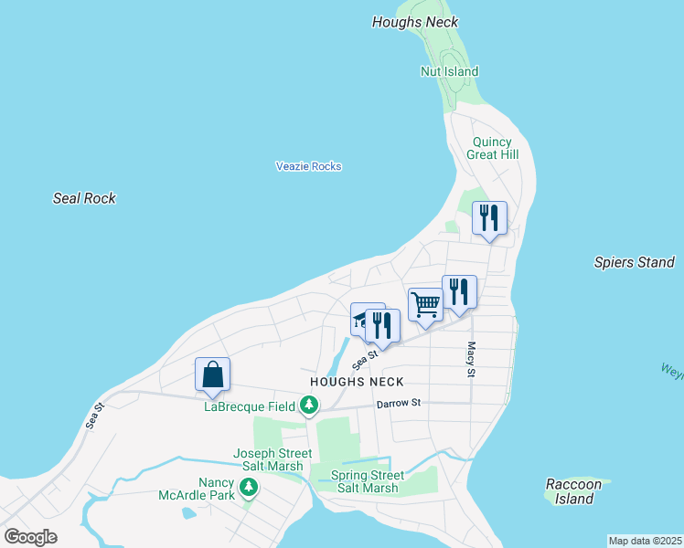 map of restaurants, bars, coffee shops, grocery stores, and more near 218 Manet Avenue in Quincy