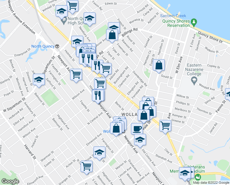 map of restaurants, bars, coffee shops, grocery stores, and more near 21 Linden Street in Quincy