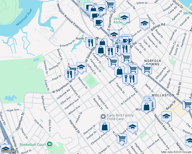 map of restaurants, bars, coffee shops, grocery stores, and more near 77 Safford Street in Quincy