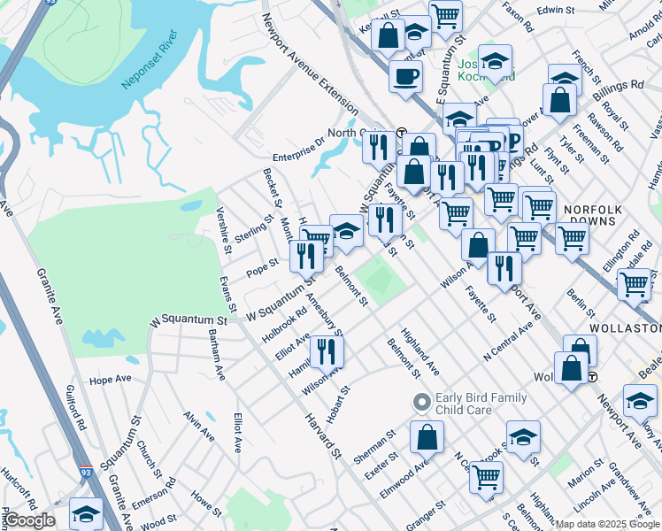 map of restaurants, bars, coffee shops, grocery stores, and more near 15 Belmont Street in Quincy
